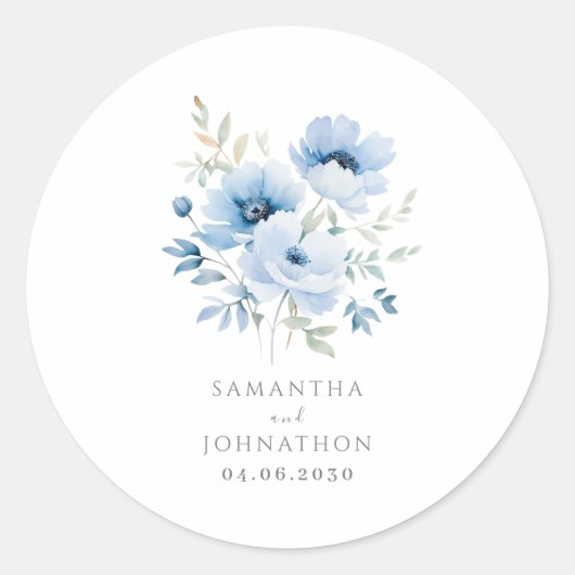 Blue Floral Waterverf Wedding Ronde Sticker (Voorkant)