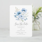 Blue Floral Waterverf Wedding Save The Date (Staand voorkant)