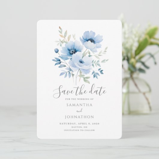 Blue Floral Waterverf Wedding Save The Date (Staand voorkant)