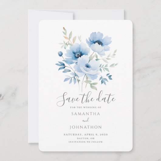 Blue Floral Waterverf Wedding Save The Date (Voorkant)