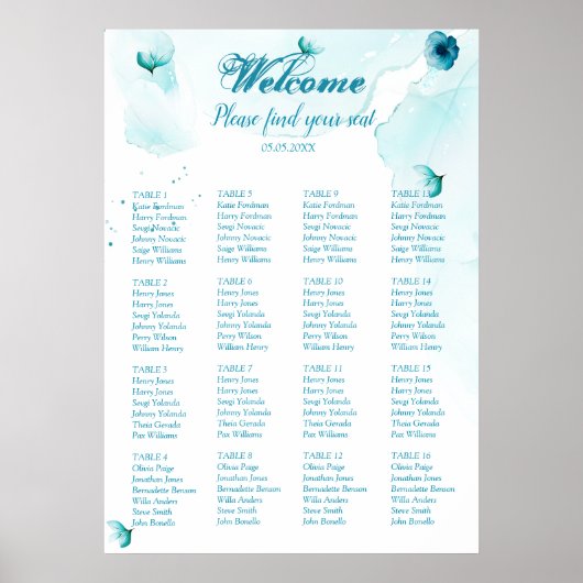 Blue Floral Waterverf Wedding Seating Poster (Voorkant)