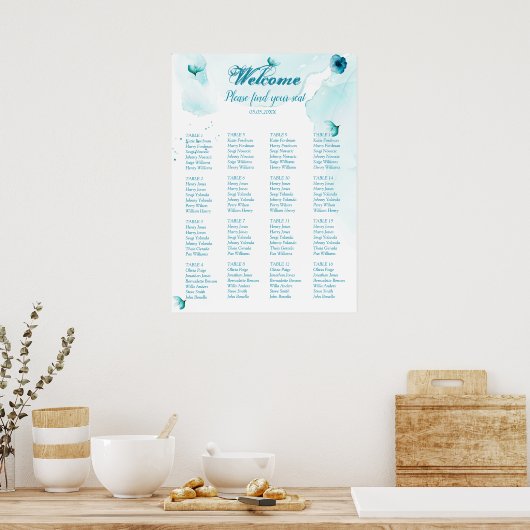 Blue Floral Waterverf Wedding Seating Poster (Keuken)