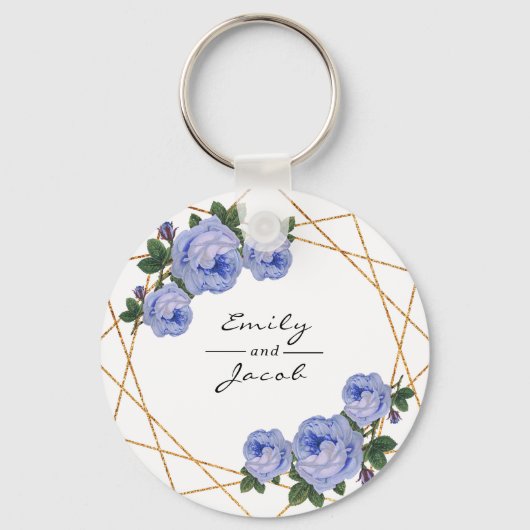 Blue Floral Wed Elegant Gold Glitter Geometric Sleutelhanger (Voorkant)