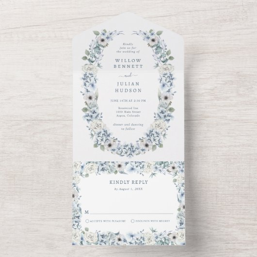 Blue Floral Wedding All In One Uitnodiging (Binnen)