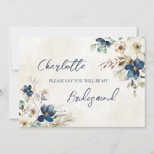Blue Floral Wedding Bridesmaid Proposal Card Kaart (Voorkant)