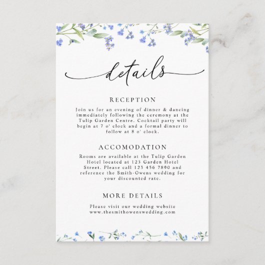Blue Floral Wedding Details Enclosure Kaart (Voorkant)