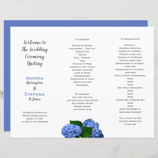 Blue Floral Wedding Folded Ceremony Programme (Voorkant / Achterkant)