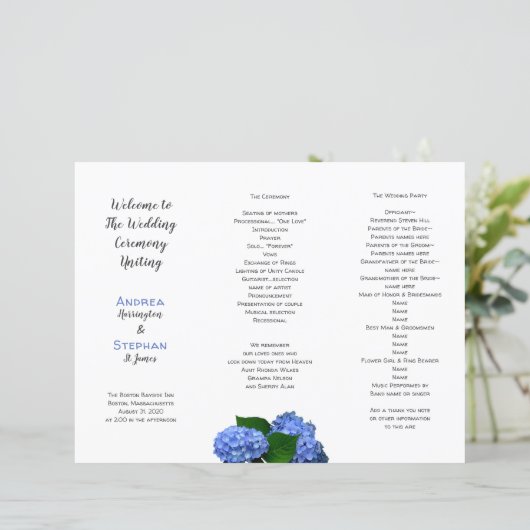 Blue Floral Wedding Folded Ceremony Programme (Staand voorkant)