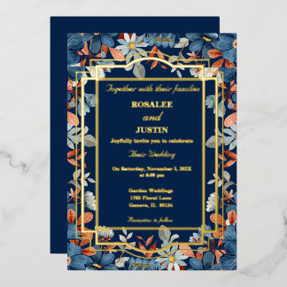 Blue Floral Wedding Folie Uitnodiging
