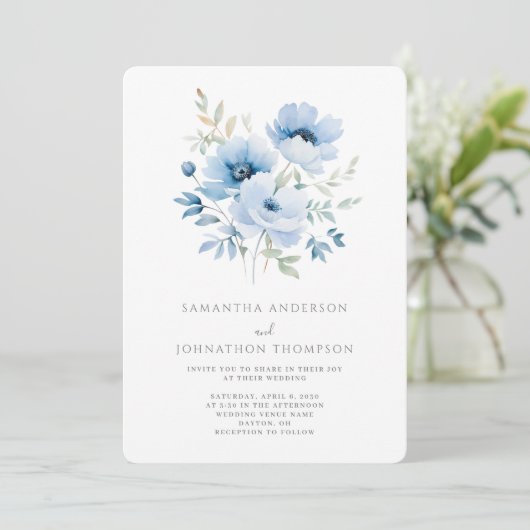 Blue Floral Wedding Invitation Kaart (Staand voorkant)