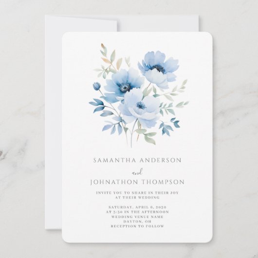 Blue Floral Wedding Invitation Kaart (Voorkant)
