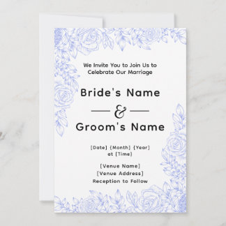 Blue Floral Wedding Invitation Kaart