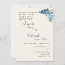 Blue Floral Wedding Invitation Kaart