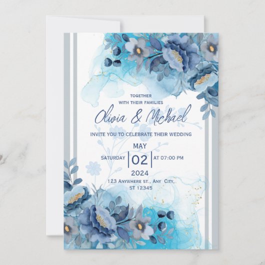 Blue Floral Wedding Invitation Kaart (Voorkant)