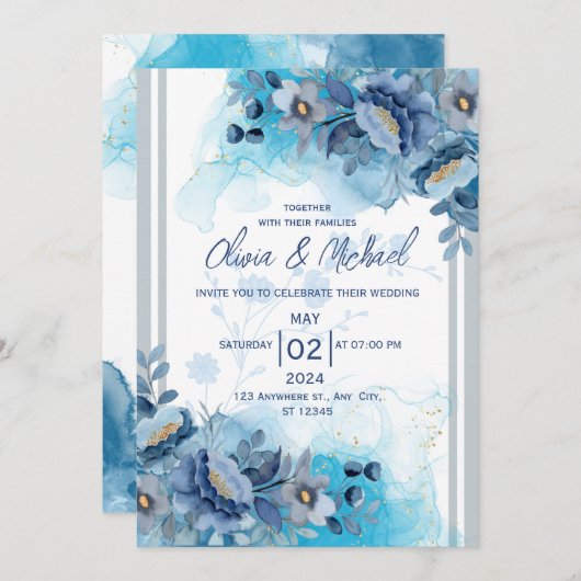 Blue Floral Wedding Invitation Kaart (Voorkant / Achterkant)