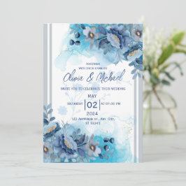 Blue Floral Wedding Invitation Kaart