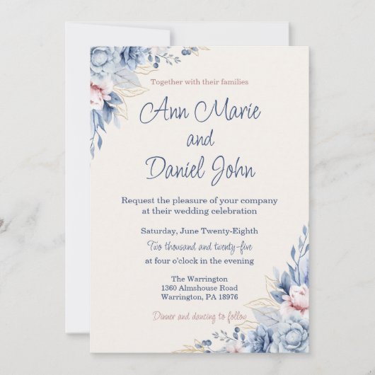 Blue Floral Wedding Invitation Kaart (Voorkant)
