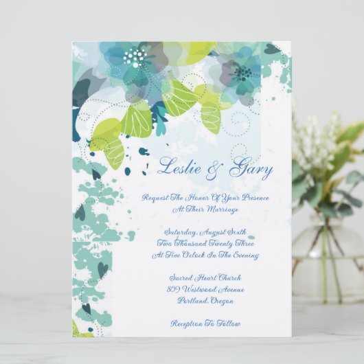Blue Floral Wedding Invitation Kaart (Staand voorkant)