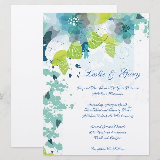 Blue Floral Wedding Invitation Kaart (Voorkant / Achterkant)