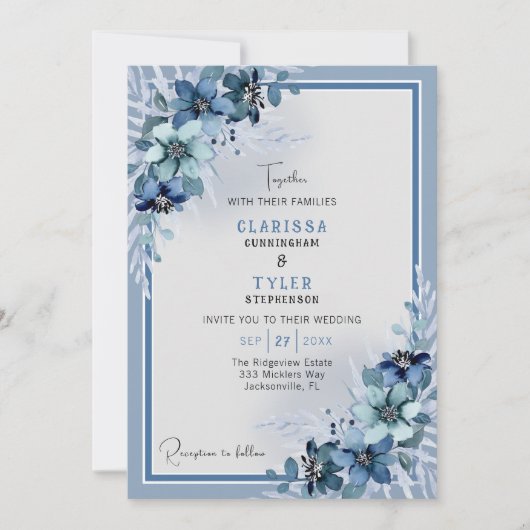 Blue Floral Wedding Invitation Kaart (Voorkant)