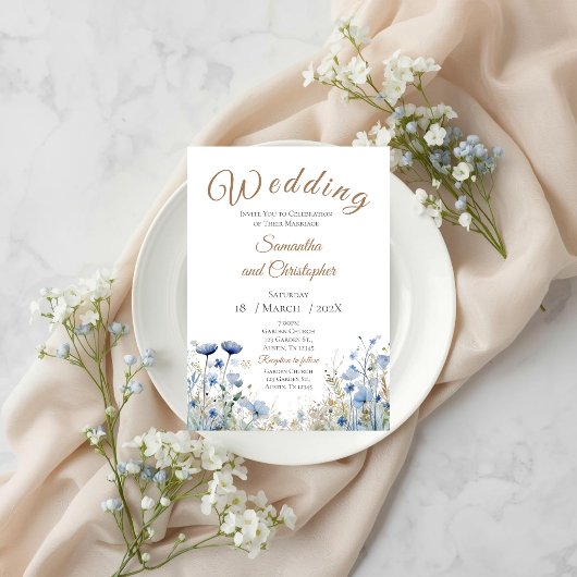 Blue Floral Wedding Invitation Kaart