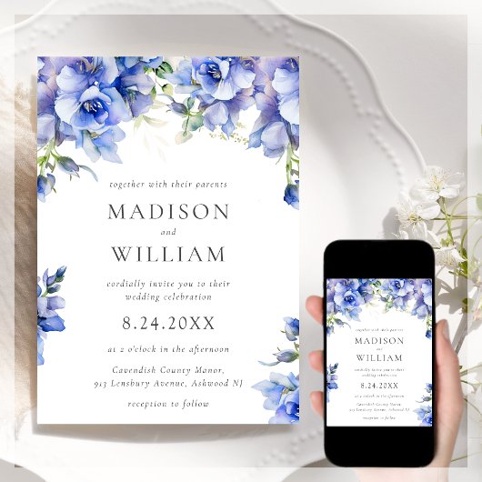 Blue Floral Wedding Invitation Kaart