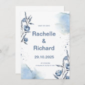 Blue Floral Wedding Invitation Kaart (Voorkant / Achterkant)