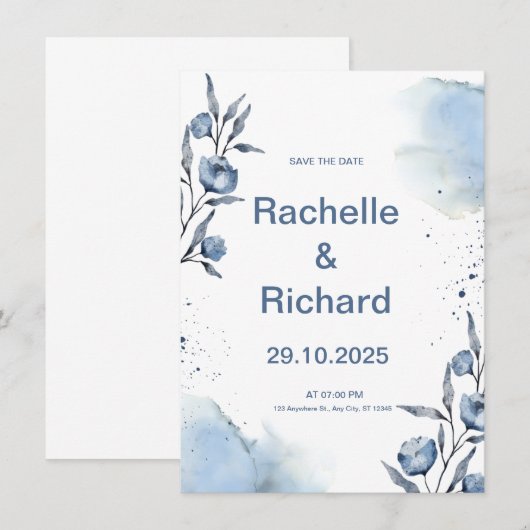 Blue Floral Wedding Invitation Kaart (Voorkant / Achterkant)