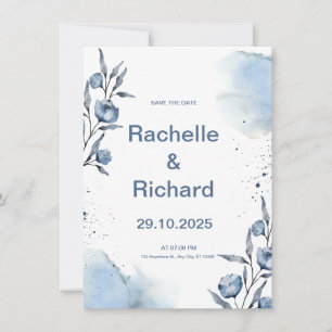Blue Floral Wedding Invitation Kaart