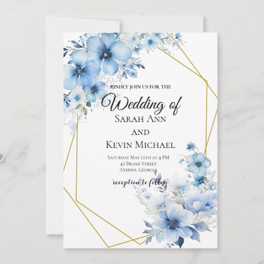 Blue Floral Wedding Invitation Kaart (Voorkant)
