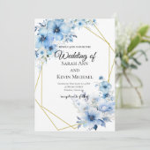 Blue Floral Wedding Invitation Kaart (Staand voorkant)