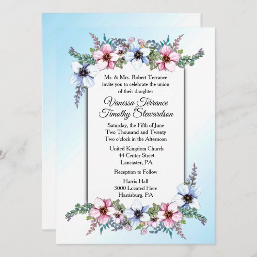 Blue Floral Wedding Invitation Kaart (Voorkant / Achterkant)
