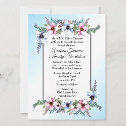 Blue Floral Wedding Invitation Kaart (Voorkant)