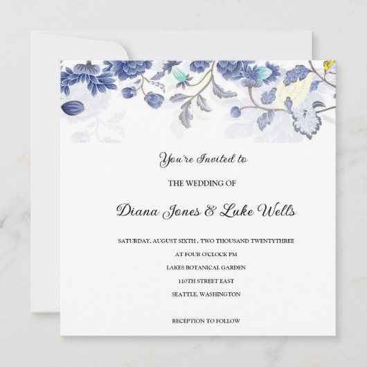 Blue Floral Wedding Invitation Kaart (Voorkant)