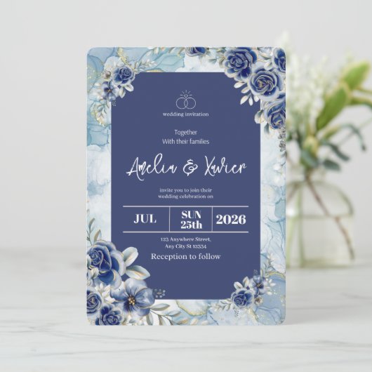 Blue Floral Wedding Invitation Kaart (Staand voorkant)