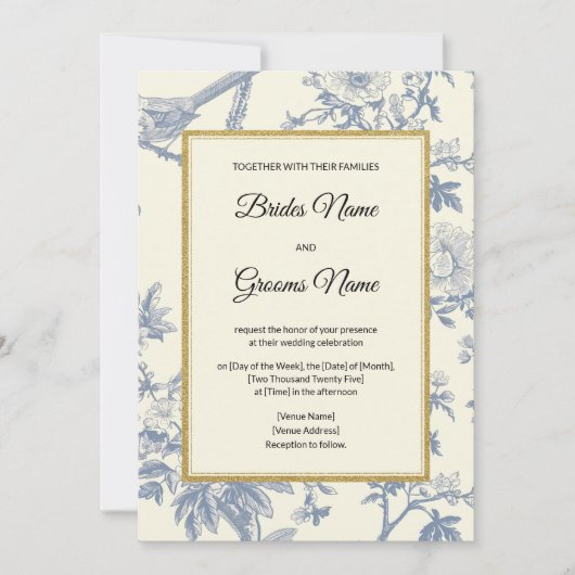 Blue Floral Wedding Invitation Kaart (Voorkant)