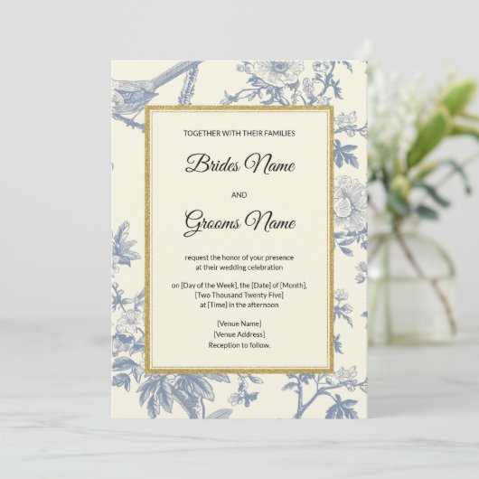 Blue Floral Wedding Invitation Kaart (Staand voorkant)