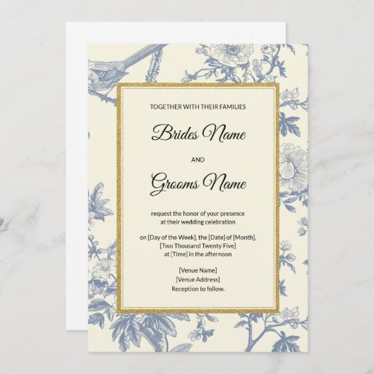 Blue Floral Wedding Invitation Kaart (Voorkant / Achterkant)