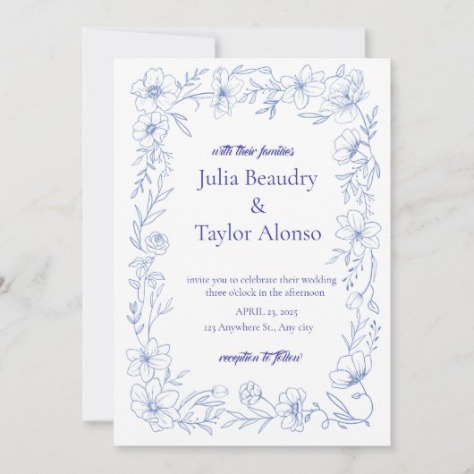 Blue Floral Wedding Invitation with White Dove | E Kaart (Voorkant)