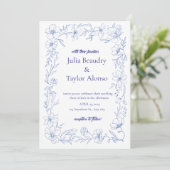 Blue Floral Wedding Invitation with White Dove | E Kaart (Staand voorkant)