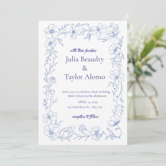Blue Floral Wedding Invitation with White Dove | E Kaart (Staand voorkant)