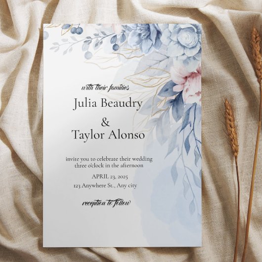 Blue Floral Wedding Invitation with White Dove | E Kaart