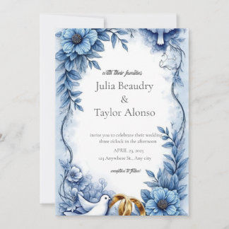 Blue Floral Wedding Invitation with White Dove | E Kaart