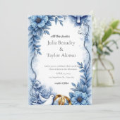 Blue Floral Wedding Invitation with White Dove | E Kaart (Staand voorkant)