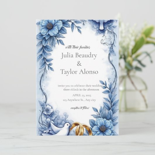 Blue Floral Wedding Invitation with White Dove | E Kaart (Staand voorkant)