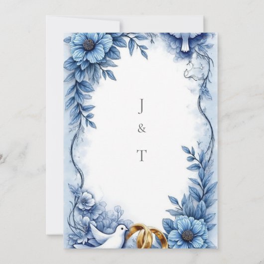Blue Floral Wedding Invitation with White Dove | E Kaart (Achterkant)