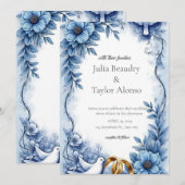 Blue Floral Wedding Invitation with White Dove | E Kaart (Voorkant / Achterkant)