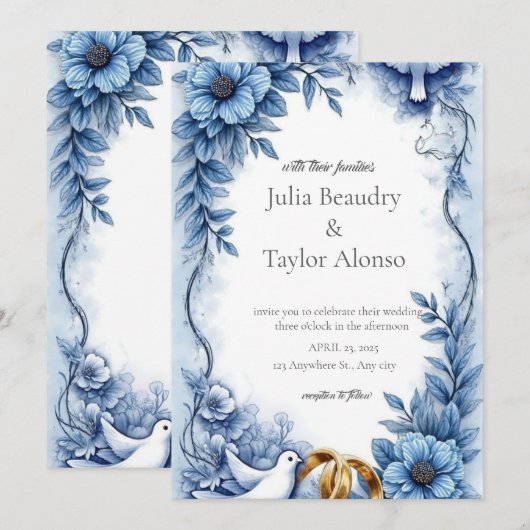 Blue Floral Wedding Invitation with White Dove | E Kaart (Voorkant / Achterkant)