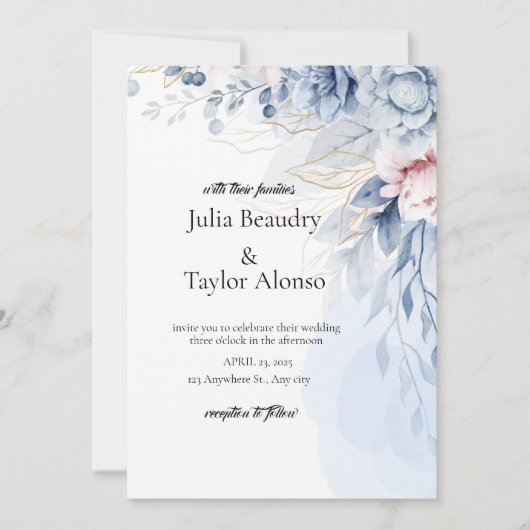 Blue Floral Wedding Invitation with White Dove | E Kaart (Voorkant)