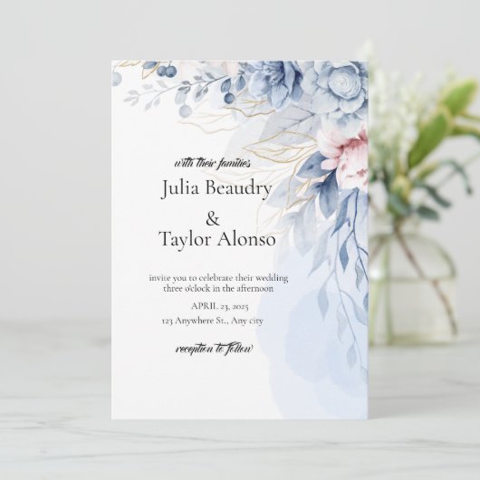 Blue Floral Wedding Invitation with White Dove | E Kaart (Staand voorkant)